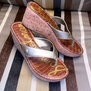 Sam‎ Edelman Romy Cork Wedge Sandals Womens Size 7.5M Gold Brown Thong